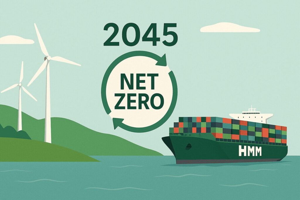 " ESG 경영에 투입하여, 선사로서는 이례적으로 2045년까지 넷제로(Net Zero) 달성을 목표"를 둔 일러스트 이미지
