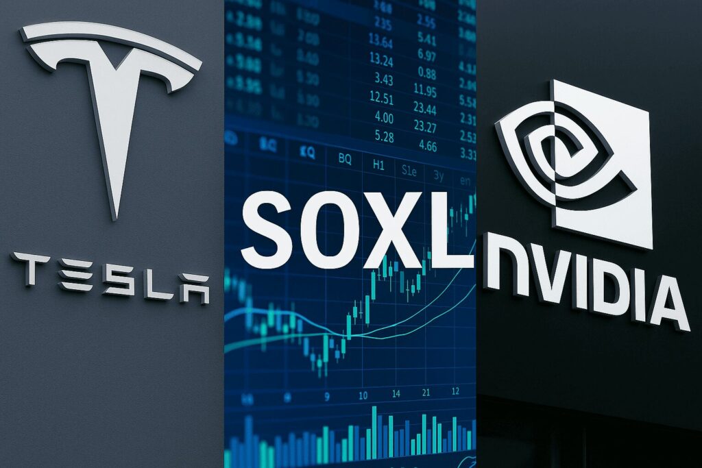 "테슬라, 반도체 3배 레버리지 ETF(SOXL), 엔비디아 등에 이어 해외 주식 종목 중 7번째로 많은 순매수 규모입"를 나타낸 이미지.