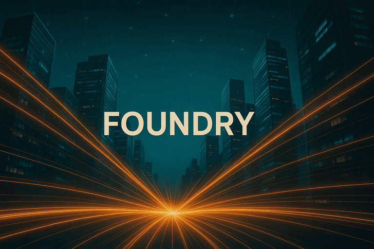 "파운드리 (Foundry) – 기업이 쓰는 ‘데이터 용광로’"를 나타낸 도시속 파운드리 이미지.