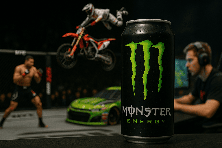 "- UFC·X-게임·MotoGP·NASCAR·e스포츠 후원 → ‘익스트림’ · ‘젊음’ 이미지 고착
- 검은 캔 + 초록 발톱 로고로 강렬한 시각 아이덴티티"브랜드 이미지를 나타냄.