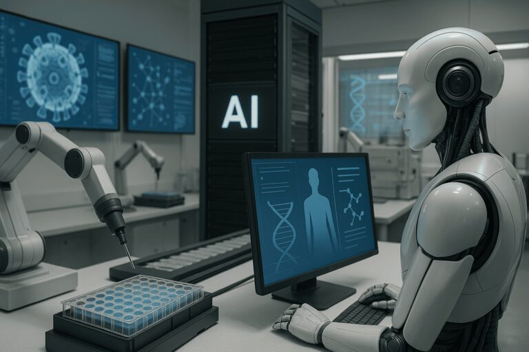 "리커젼 파마슈티컬스(Recursion Pharmaceuticals) 는 로봇·AI·슈퍼컴퓨터를 총동원해 ‘주당 수백 만 건’ 의 세포 실험을 자동"으로 하는 이미지 (자체제작 이미지)
